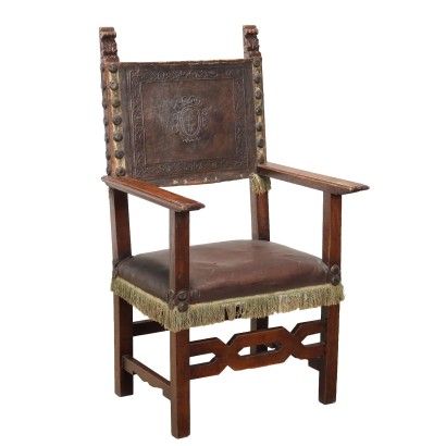 Antique Neo-Renaissance Throne Walnut Leather Seat XIX Century